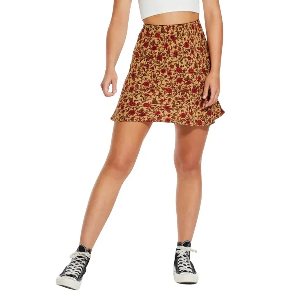 Aeropostale Skirt XL Tan Red Floral Boho Mini‎ Elastic Waist 8852